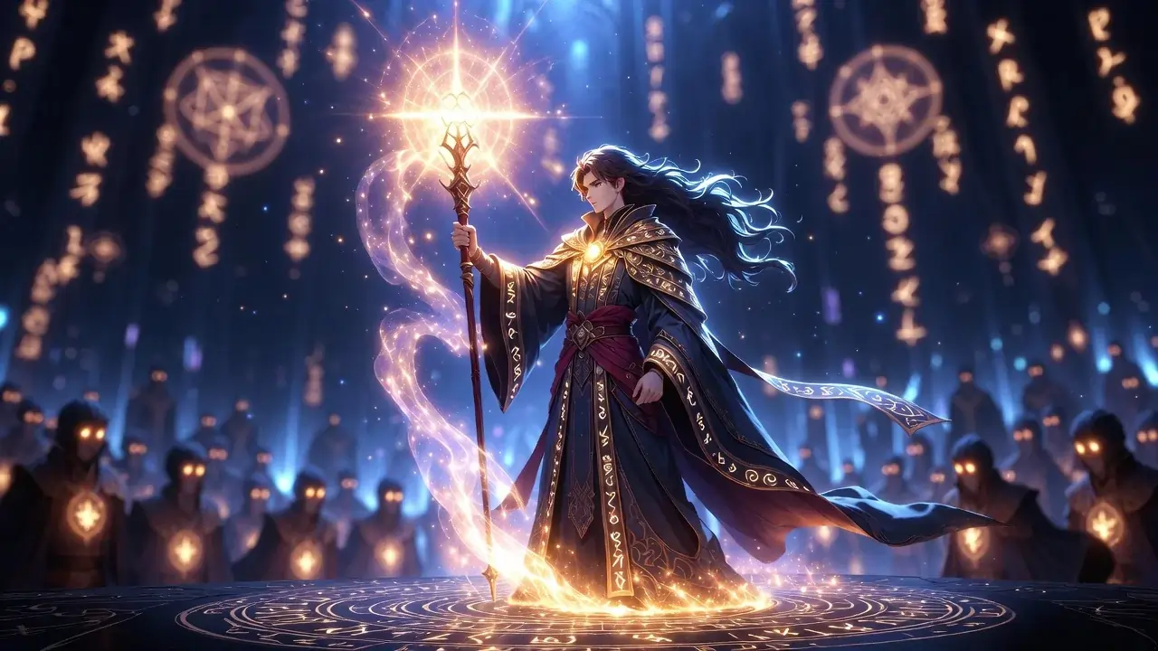 Magician names guide featured image showing a powerful magician surrounded by magical energies on stage