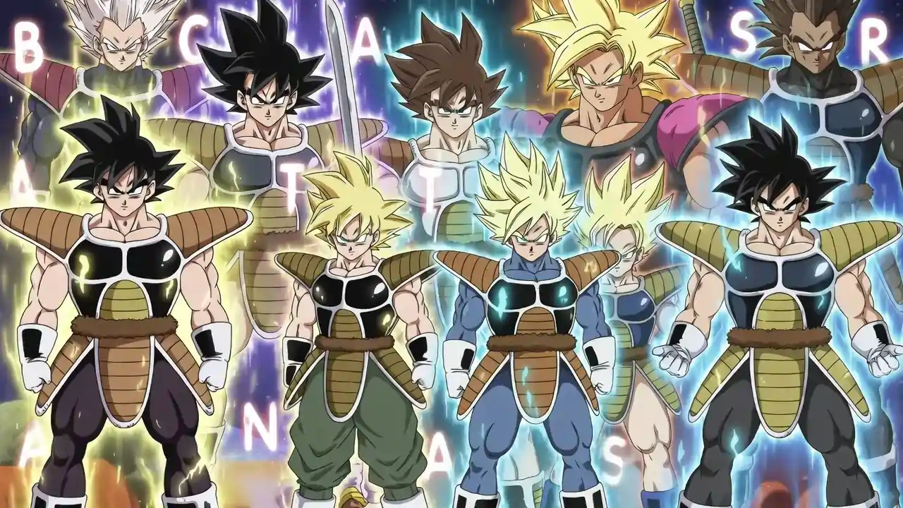 Saiyan Name Generator illustration featuring male and female Dragon Ball-style Saiyan warriors with glowing energy auras, showcasing creative and legendary Saiyan names.