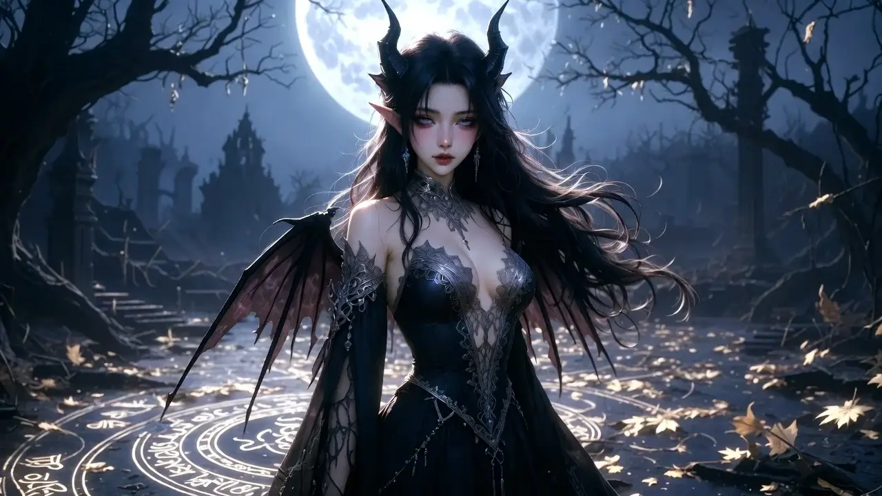 Mystical succubus with dark wings in moonlit gothic landscape, representing dark, alluring, and fantasy-inspired succubus names for stories, games, and roleplay