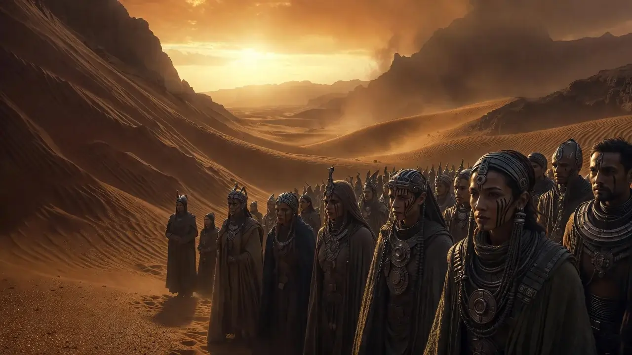 Epic Dune desert scene with Fremen warriors and noble House figures, representing unique and mystical Dune names for characters in sci-fi and fantasy storytelling.