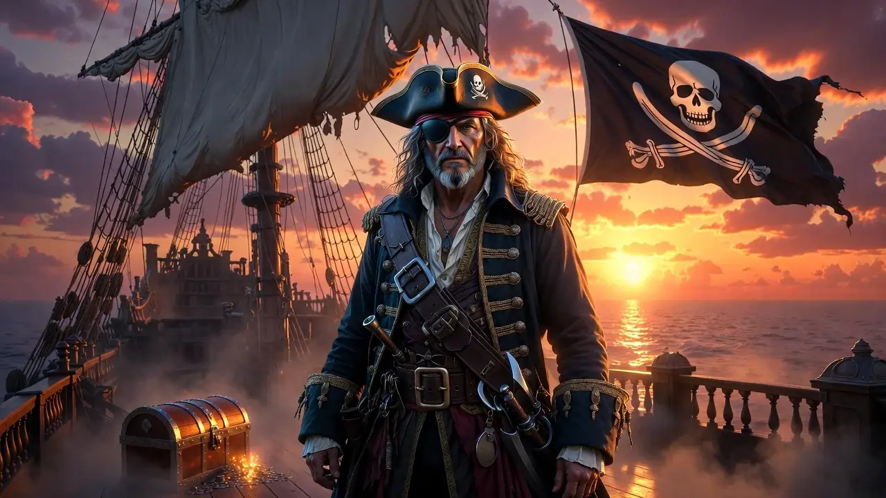 Featured image showing a legendary pirate on a ship at sunset, symbolizing adventure and imagination for a blog about pirate names.