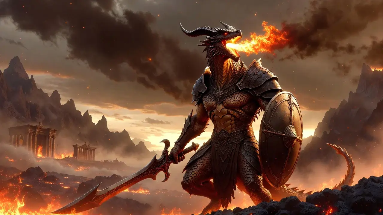 Dragonborn names guide featuring a powerful Dragonborn warrior with draconic heritage and elemental fire powers