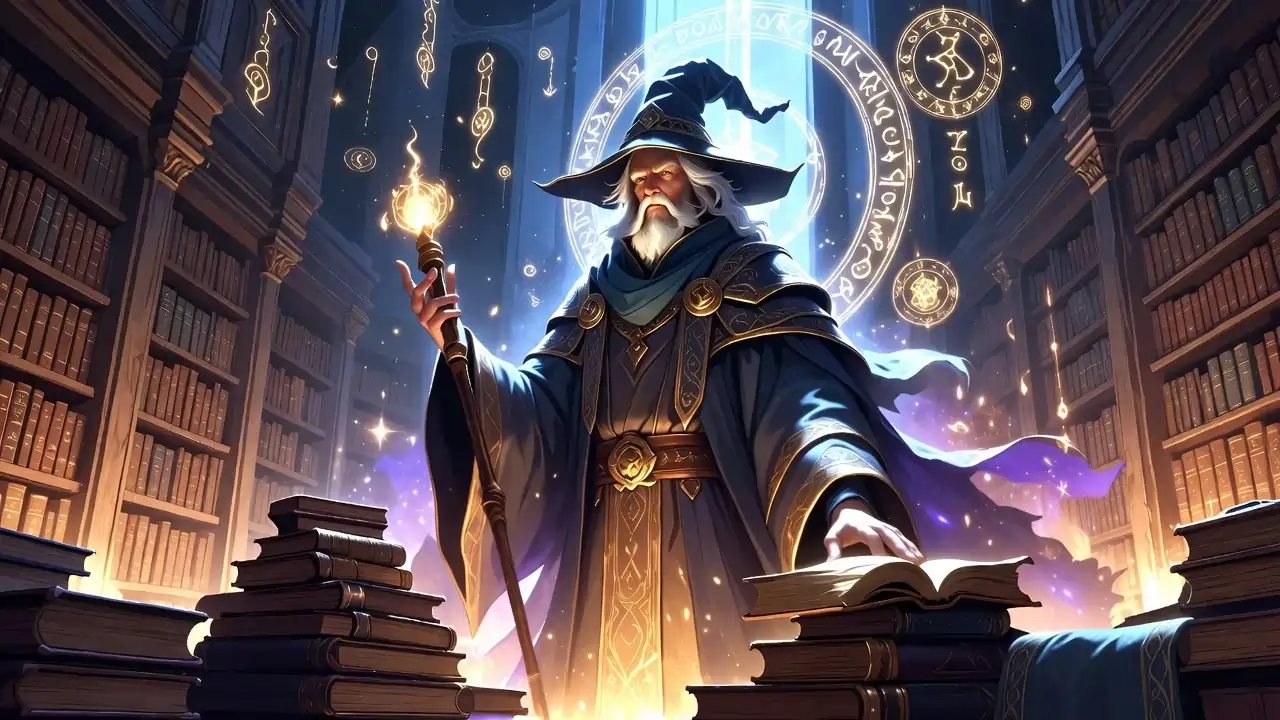 Magical wizard names inspiration shown through a fantasy wizard surrounded by arcane symbols and enchanted spell books