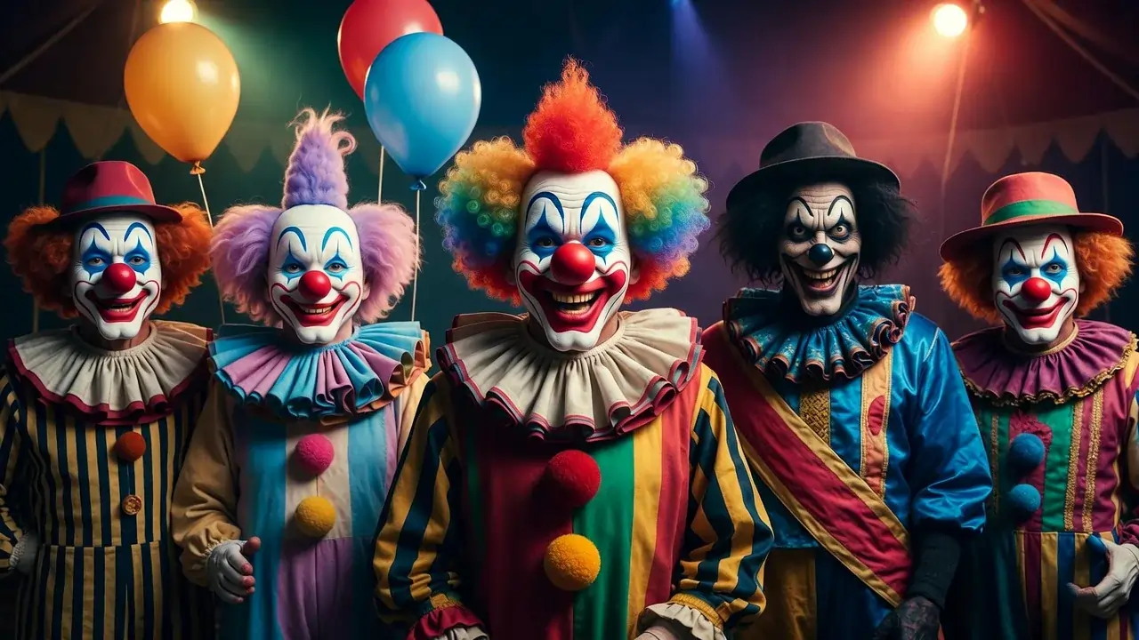 Colorful illustration representing funny, scary, cute, and famous clown names in a circus-themed setting.