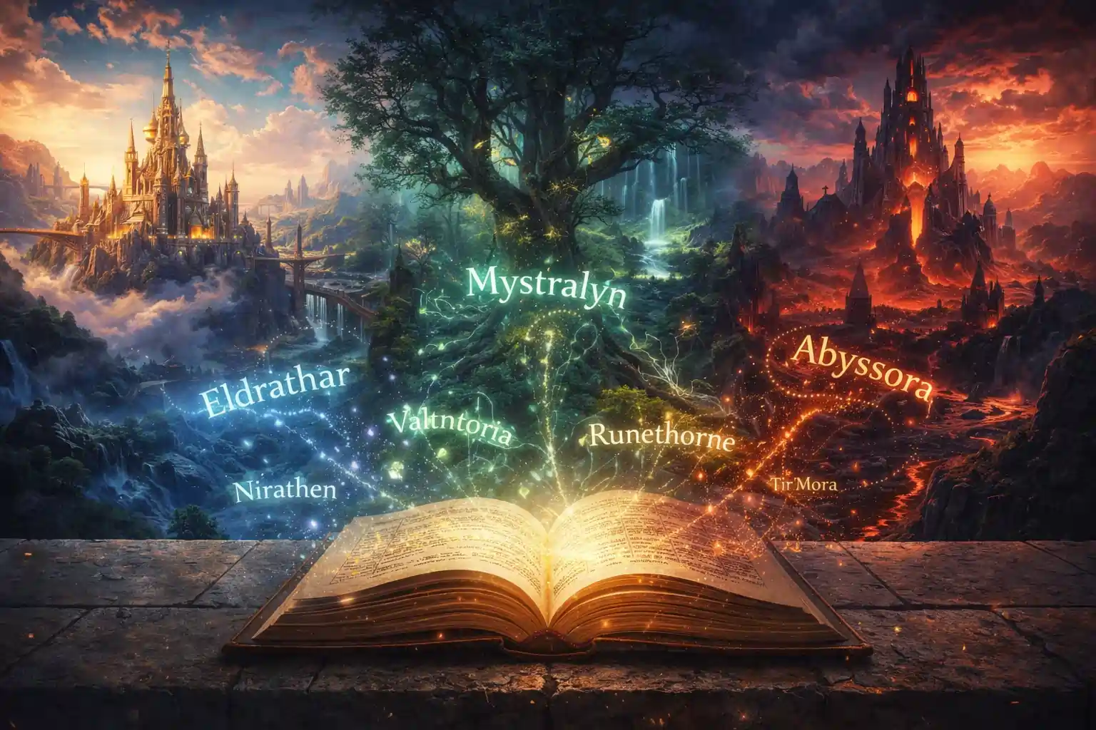 Fantasy world name generator concept showing multiple magical realms including high fantasy kingdoms, dark lands, and enchanted forests emerging from a glowing book.