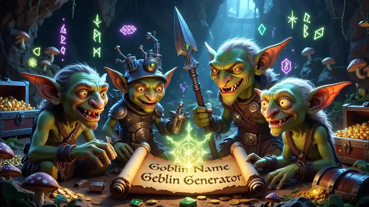Goblin Name Generator fantasy illustration showing funny, DnD, and dark goblin characters gathered around a magical scroll in a cave setting.