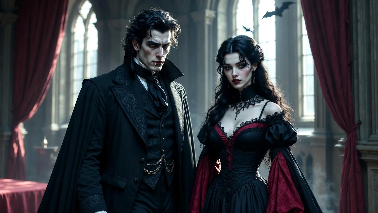 Vampire names inspiration featuring dark gothic male and female vampire characters in a medieval castle setting.
