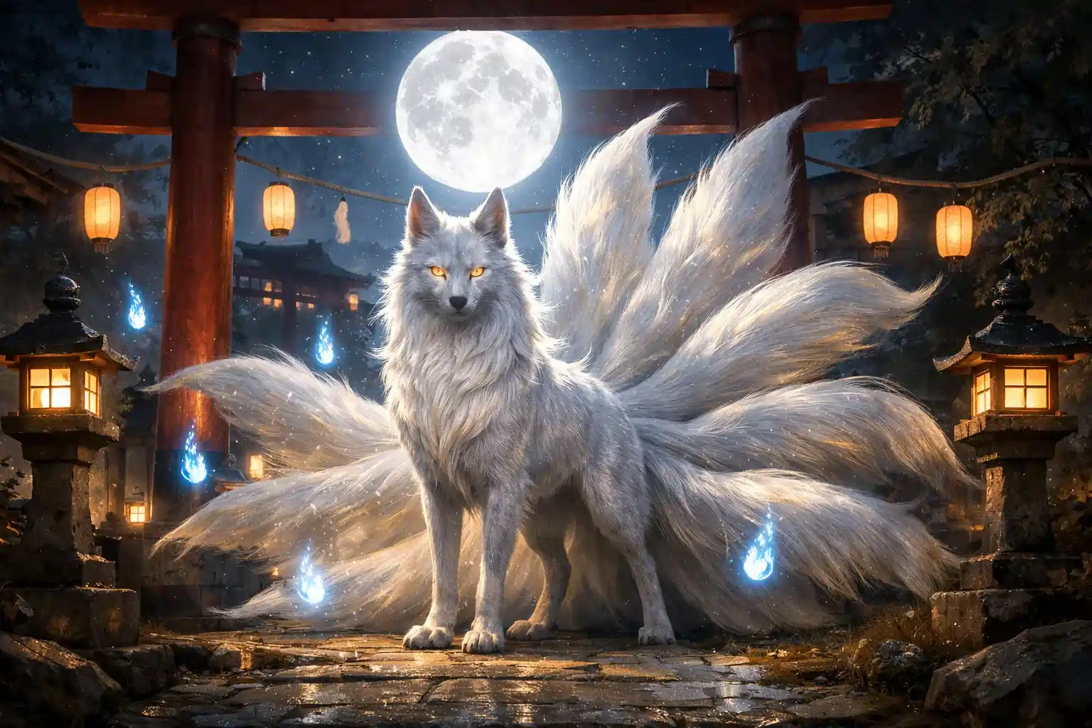 Nine-tailed kitsune under a moonlit shrine with fox-fire, representing mystical kitsune names from Japanese folklore and fantasy tradition.